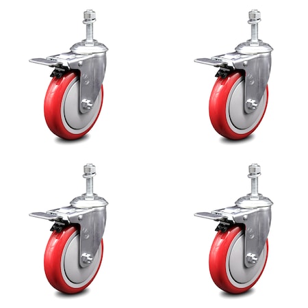 Service Caster 5 Inch Red Polyurethane Swivel 10mm Stem Caster Set with Total Lock Brake SCC-TSTTL20S514-PPUB-RED-M1015-4